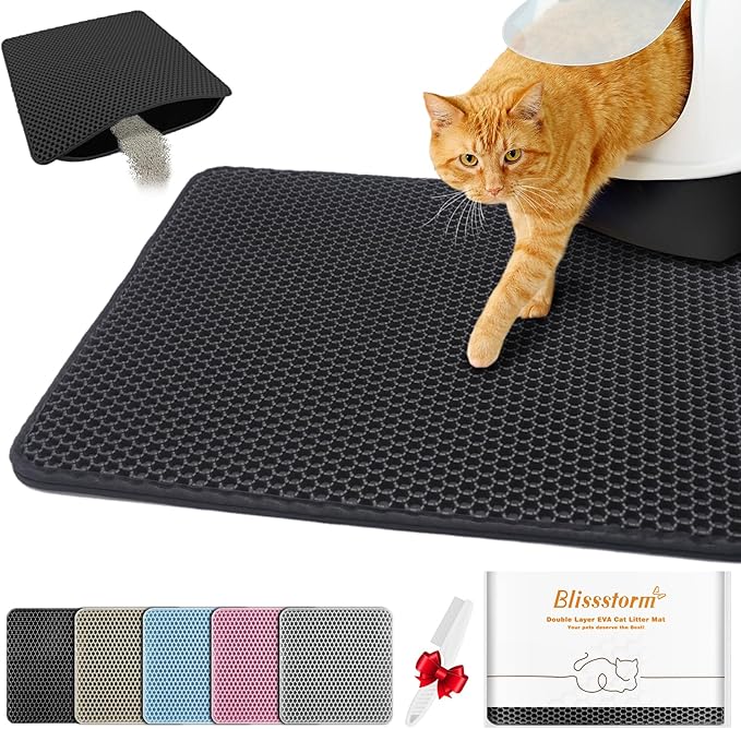 Waterproof Cat Litter Mat, Double Layer EVA, Odor-Free Large Grid, Urine Proof, Easy Cleanup (Black, 22 x 30)