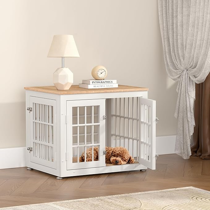 26 Inch Heavy Duty Dog Crate Furniture for Small Dogs, Decorative Pet House End Table, Wooden Cage Kennel Furniture Indoor, White and Natural