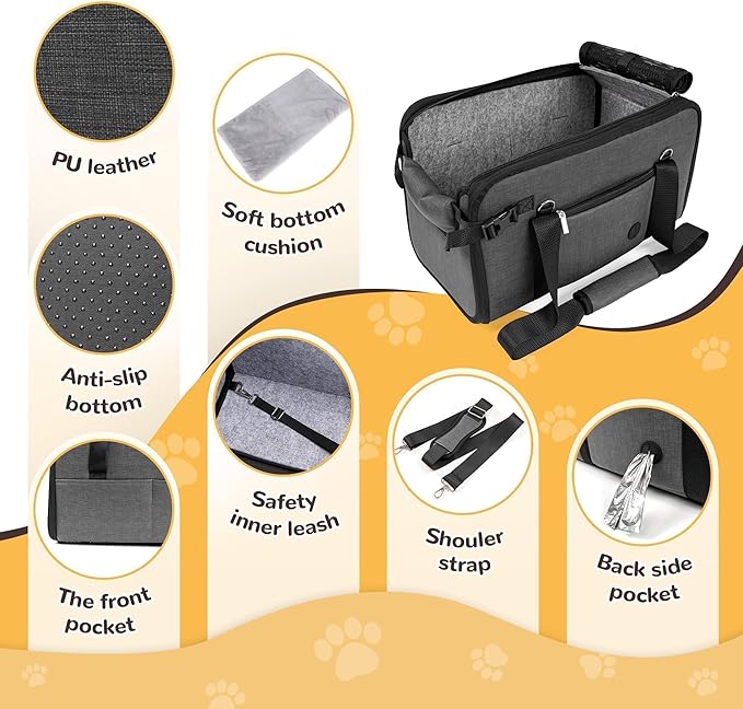 YUDODO Large Dog Car Seat for Center Console (Width＞9.5in) Fits 10-20lbs, Anti-Slip Puppy Cat Travel Portable Booster Seat, Luxury Pet Car Bed Carseat PU Leather Gray