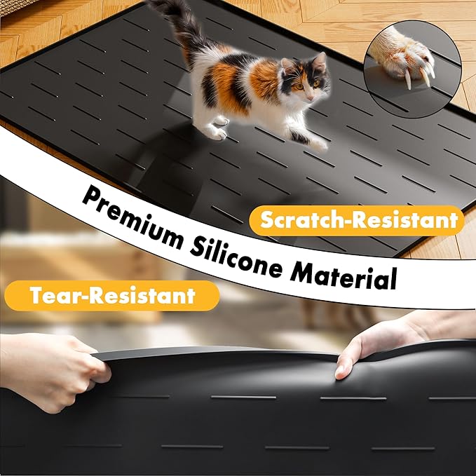 Pieviev Silicone Cat Litter Trapping Mat, 34''x22'' Large Cat Litter Mat, Easy to Clean & Soft on Kitty Paws, Waterproof Kitty Litter Pads for Indoor Cats, Black