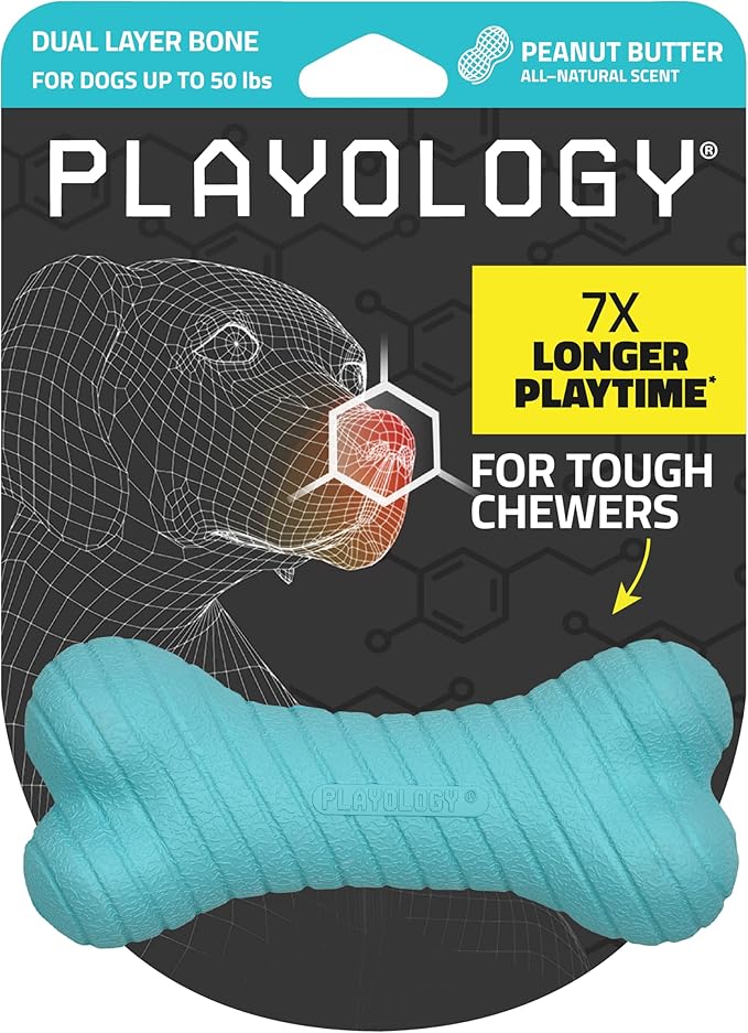 Playology Dog Toys | Dual Layer Bone Durable Chew Toy Bone for Dogs | Medium Peanut Butter Scented Toy - Easy to Clean and Made from Non Toxic Materials
