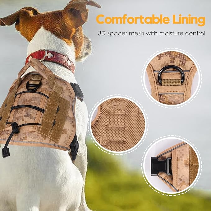 Heavy-Duty Tactical Dog Harness for Large Dogs, No Pull Adjustable Reflective Pet Vest with Molle System, K9 Military-Grade Control for Service Training, Outdoor & 10+ Breeds, Khaki Camo, Small