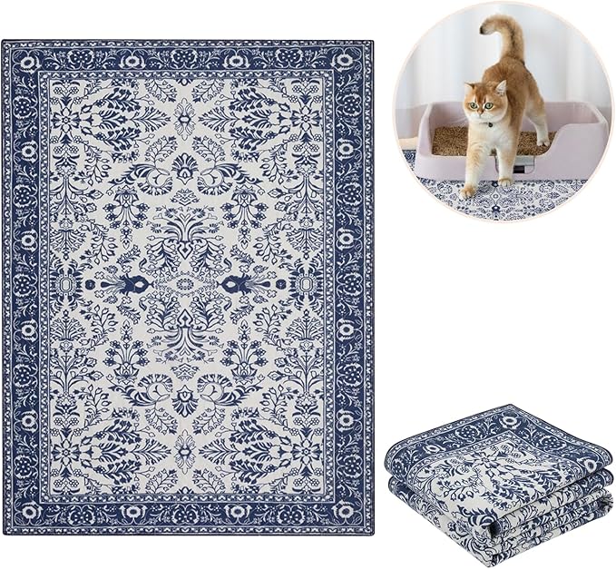 Lovewag Washable Cat Litter Trapper Mat 2 PCs - Keep Litter Off Your Floors, Gentle on Paws, 36x48 Inches Large Size, Waterproof Non-Slip Reusable Compatible with Cat Box (Indigo Garden)