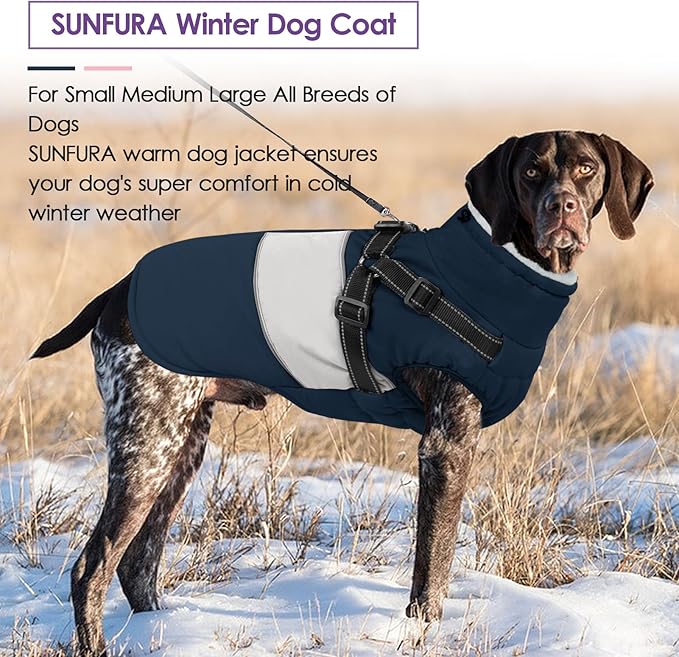 SUNFURA Small Dog Coat with Harness Built in, Warm Dog Jacket Winter with Zipper On Back, Waterproof Pet Snow Jacket Snowsuit Pet Sweater Clothes for Schnauzer, Yorkshire Terrier, Navy Blue S