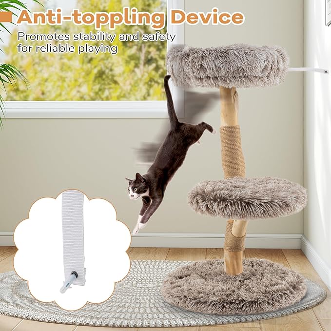 Tangkula Solid Wood Cat Tree, Modern Cat Tower with Scratching Post, Luxurious Perch & Platform, Teasing Rope, Natural Pear Wood, Soft Long Plush, Cute Cat Tree for Indoor Kittens