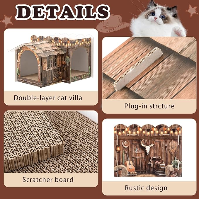 2 Story Cardboard Cat House with Scratcher Pad for Small Kitten,17x12x10 Multi Level Durable Cat Condo & Villa for Bunny Rabbit Small Animals Christmas Birthday Gift(Western)