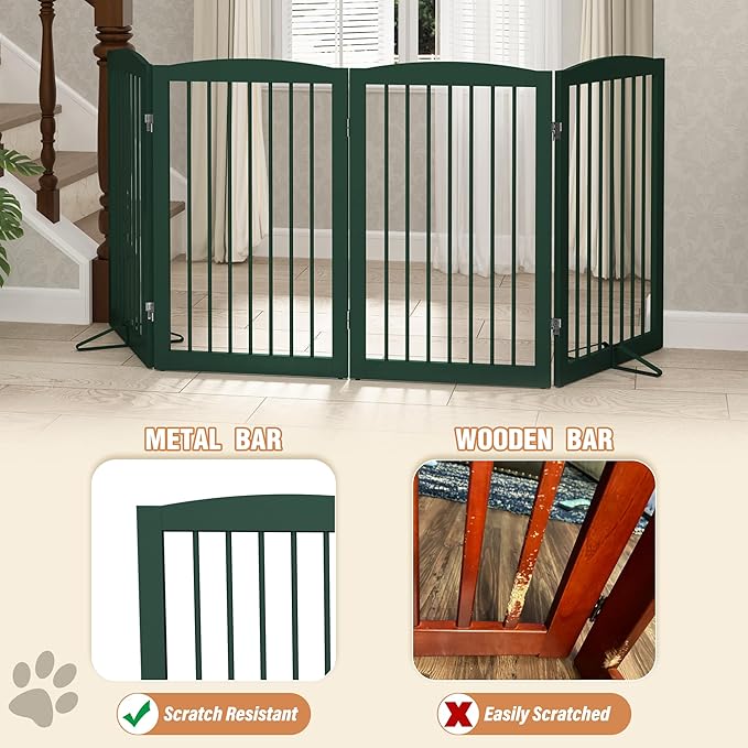Freestanding Pet Gate for Dogs, Indoor Wooden Dog Gate for House, Foldable Dog Gate for Doorway, Stair, Step Over Pet Puppy Safety Fence Tall, 80 Inch Wide, 4 Panels 32", Green