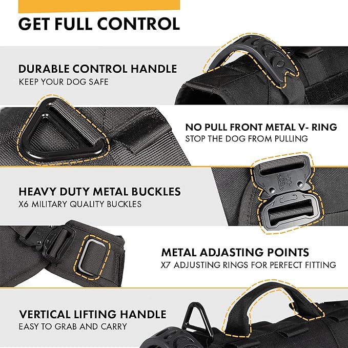 Tactical Dog Backpack Harness for Large Breed Original Design Metal Buckle Vest with Side Bags Pouches for Service Working Training (Black (with 2 Pouches), L)