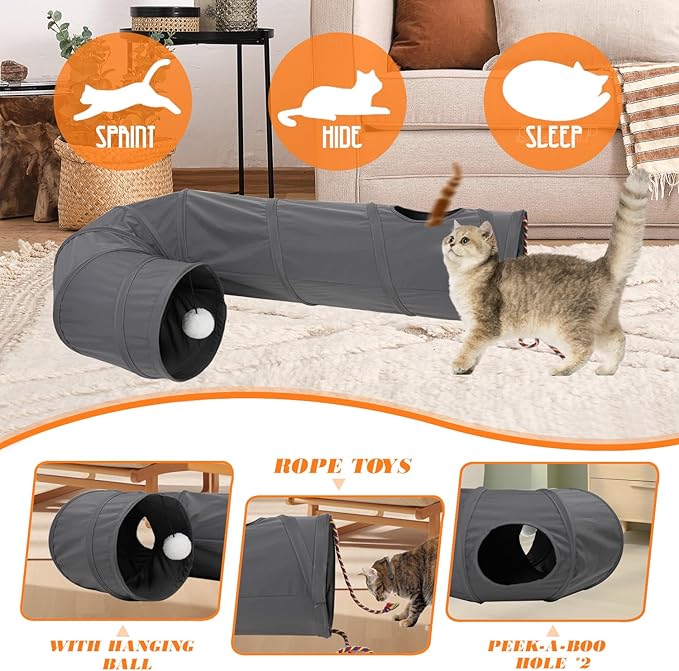 Cat Tunnel, 2-Way Collapsible Cat Tube with Interactive Peek-A-Boo Hole, Toy Ball, and Rope – Ideal for Indoor Cats, Kittens, and Rabbits (Dark Gray)