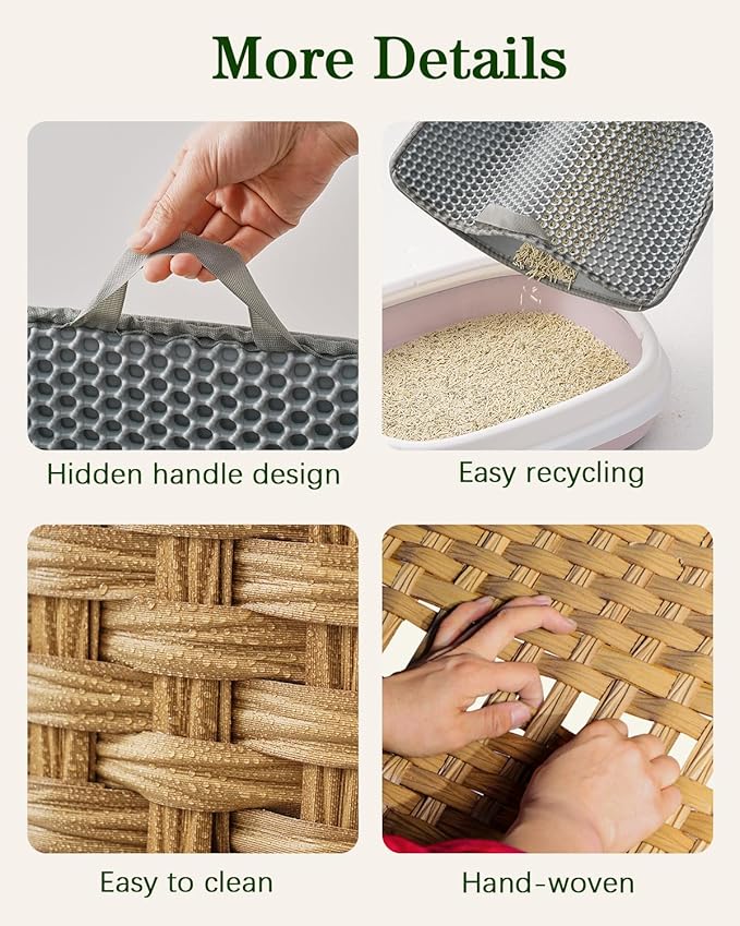 Cat Litter Box Enclosure Furniture, Handwoven Rattan Hidden Litter Box with Mat, Large Space Cat House with 2 S-Shaped Hooks 30.3 x 18.3 x 24.4 Inches, Indoor for Living Room Apartment Natural