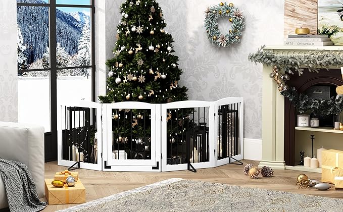 Freestanding Dog Gates with Door Walk Through, 80 inch Wide Gates Indoor, Dog Fences Indoor, Support Feet Included, 4 Panels, 32" Tall, White & Black