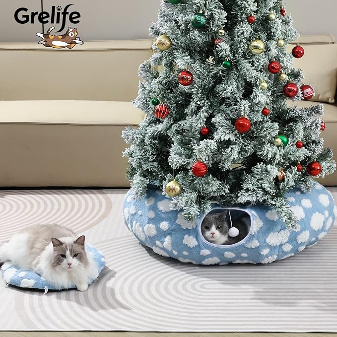 Grelife Cat Tunnel Bed for Indoor Cats, Cat Tunnel Christmas Tree Skirt with Washable Soft Plush, Cat Donut Tunnel Toys with Non-Slip Base, Perfect for Cats, Kittens, Small Pets(33.53")