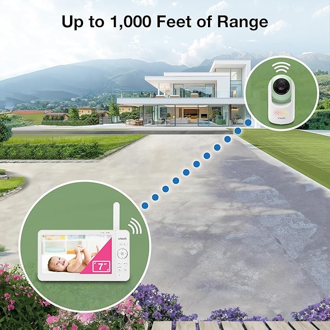 VTech Video Baby Monitor with 7" Color LCD Screen, Rechargeable Battery, Video Streaming, Audio Streaming, Pan-Tilt-Zoom, Touch Multi-Color Night Light, Two-Way Talk, Long Range: Advanced Max Green