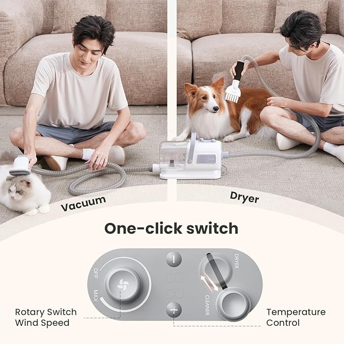 Pecute Dog Grooming Vacuum & Dryer, 7-in-1 Pet Grooming Kit with Clipper, 10000Pa Dog Vacuum for Shedding Grooming, Adjustable Speed & Temp, 55dB Low Noise,1.7L Dust Cup