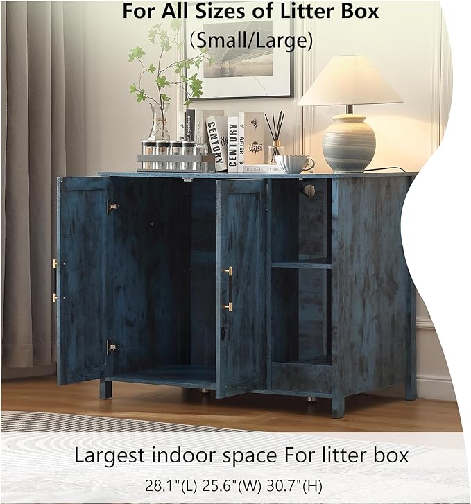 Large Cat Litter Enclosure With Litter Collector, Enclosure for self-Cleaning Litter Boxes,Adjustable Shelf for Dog Proof and Storage,charging station,Locks Added for cat,Cat House,Blue