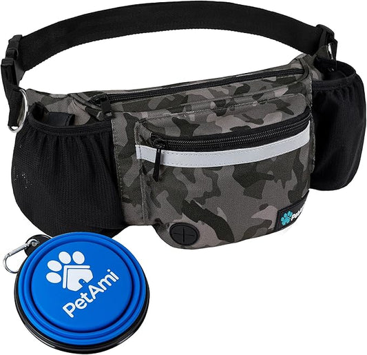 PetAmi Dog Fanny Pack, Treat Pouch for Dog Walking, Training, Built in Poop Bag Dispenser, Water Bottle Holder, Collapsible Bowl, Pet Treat Waist Belt for Hiking, Running, Kibbles (Camo Black)