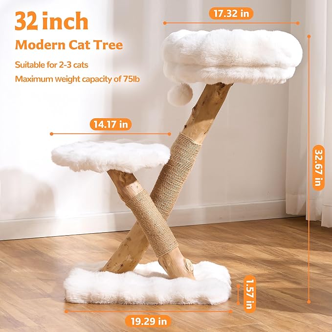 Cat Tree Modern Sturdy Solid Wood Cat Tower for Large Cat with Scratching Post for Indoor, Multifunctional Cat Tower with Cozy Bed and Platforms