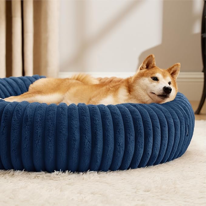 Bedsure Donut Large Dog Bed - Washable Faux Fur, Corduroy Fleece & Anti Slip Bottom, Round Pet Beds with Removable Cover, Night Blue, 36x36x8 inches
