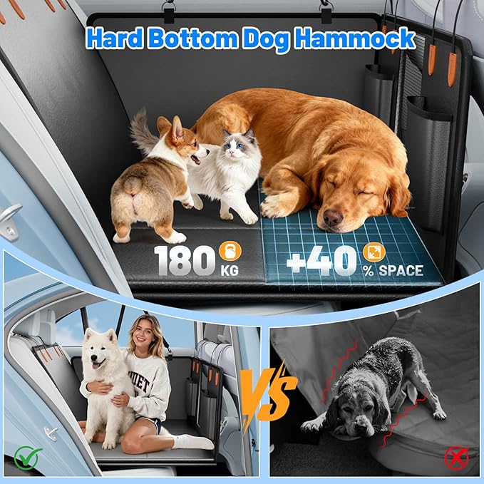Dog Car Seat Cover for Back Seat with Hard Bottom, PU Leather Back Seat Extender for Dogs,Dog Hammock Bed for Cars, SUVs, Pet Seat Cover for Back Seat Holds 400lbs with Mesh Window & Pocket
