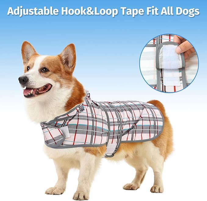 Dog Raincoats for Large Dogs Waterproof Hooded Rain Jacket with Reflective Strips Leash Hole & Poncho Adjustable Fit (Plaid,L)
