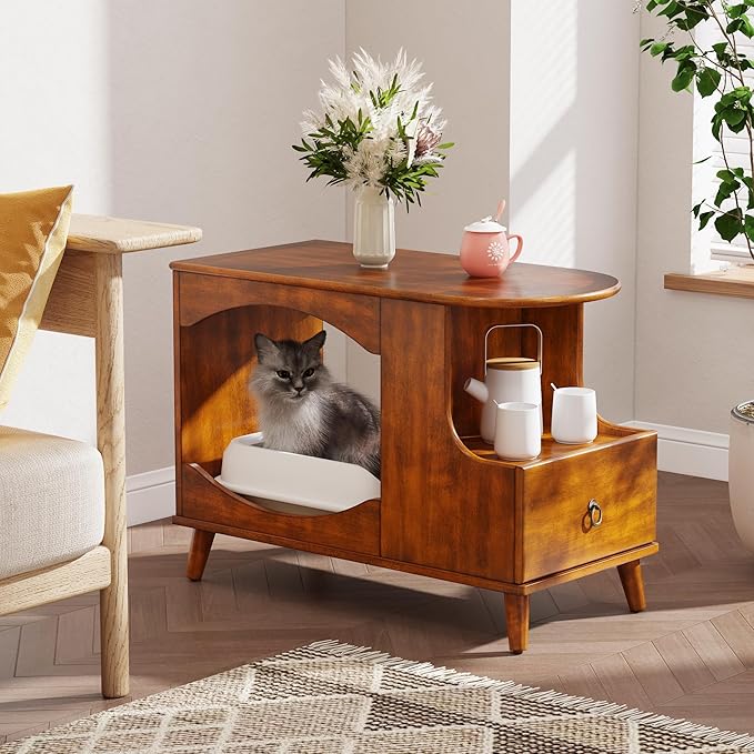 2-Set Pet Litter Box Enclosure, Hidden Litter Box Furniture with Storage Shelf, Indoor Cat House with 1 Drawer, Wooden Cat Washroom Modern Console, Pet Storage Cabinet