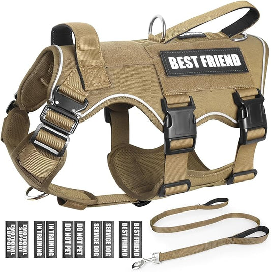 Tactical Service Dog Vest Harness and Leash Set,Heavy Duty Dog Harness with Metal Buckles for Large Dogs,Adjustable No Pull Pet Vest with 10 Patches,for Training Working Hiking,Brown XL