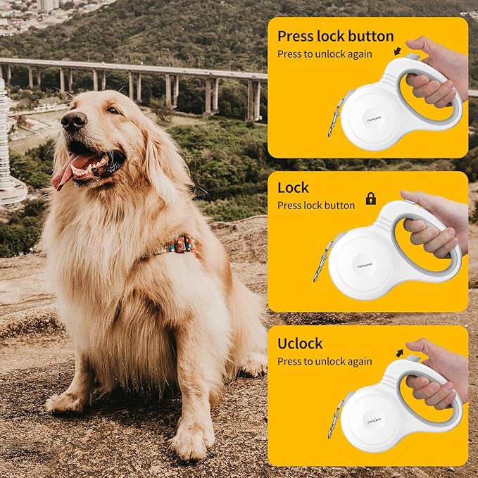 16Ft Retractable Dog Leash for Small, Medium & Large Dogs with One-Hand Brake Lock, Ergonomic Comfort Grip Handle, 360° Tangle-Free Swivel and Strong Nylon Tape (White)