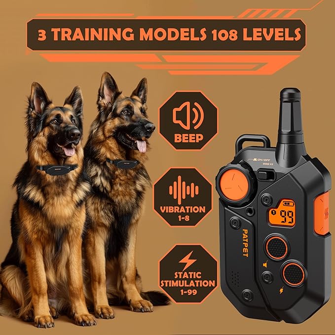 PATPET Dog Training Collar, 1.2 Mile Range 101 Training Levels Dog Shock Collar with Remote Control (15-150 lbs), Waterproof 100% Safe E Collar for Large Dogs (Black with Vivid Orange, 2 receivers)