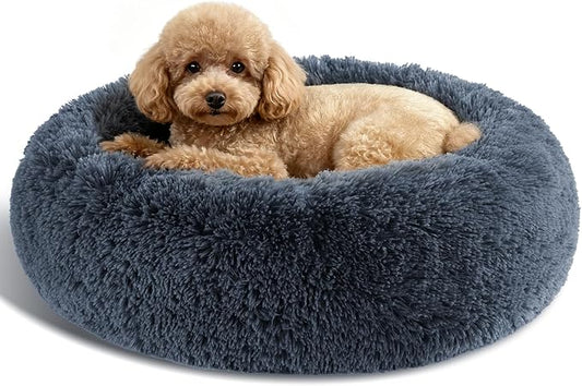 Dog Calming Beds for Small Medium Large Dogs - Round Donut Washable Puppy Dog Bed, Anti-Slip Faux Fur Fluffy Donut Cuddle Anxiety Cat Pet Bed(20" Dark Grey)