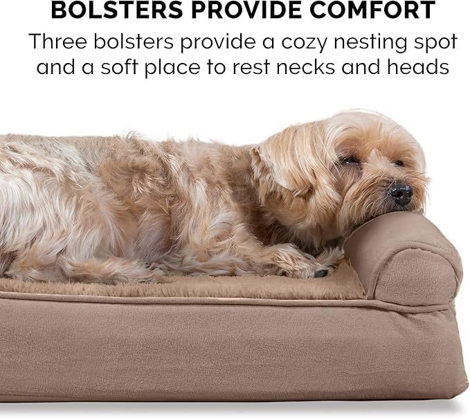 Furhaven Orthopedic Dog Bed for Large Dogs w/ Removable Bolsters & Washable Cover, For Dogs Up to 95 lbs - Plush & Suede Sofa - Almondine, Jumbo/XL