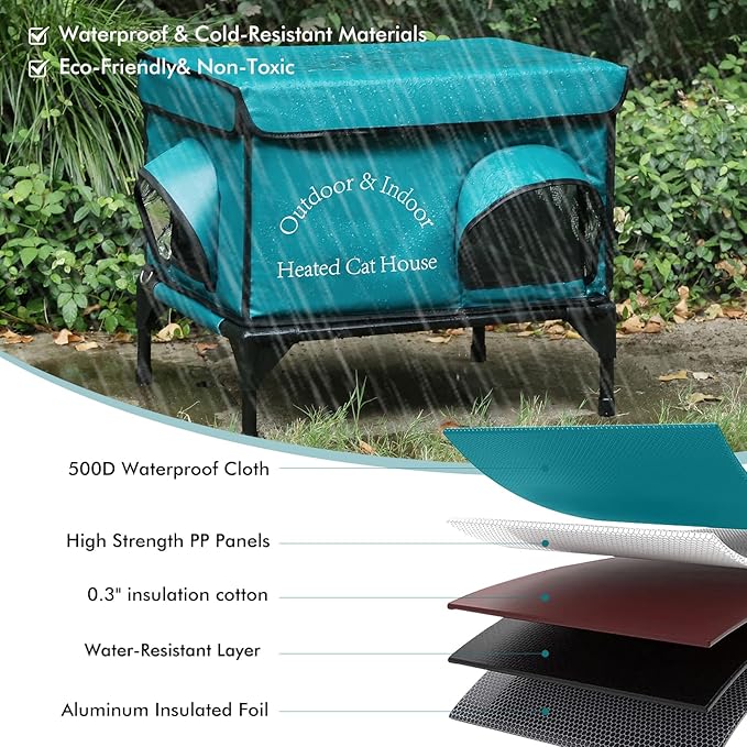 Heated Cat House for Outside Cat in Winter, Insulated Outdoor Feral Cat Shelter with Cat Heating Pad, 2 Doors,Elevated Waterproof Heated Kitty House (Blue, 21.5"x16.5"x18")