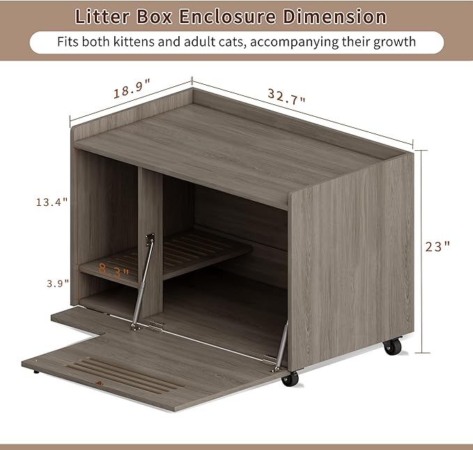 YZU Cat Litter Box Enclosure, Litter Box Furniture Hidden with Movable Wheels, Wooden Pet House Cabinet with Side End Table, 4-Grilles, Cat Litter Mat