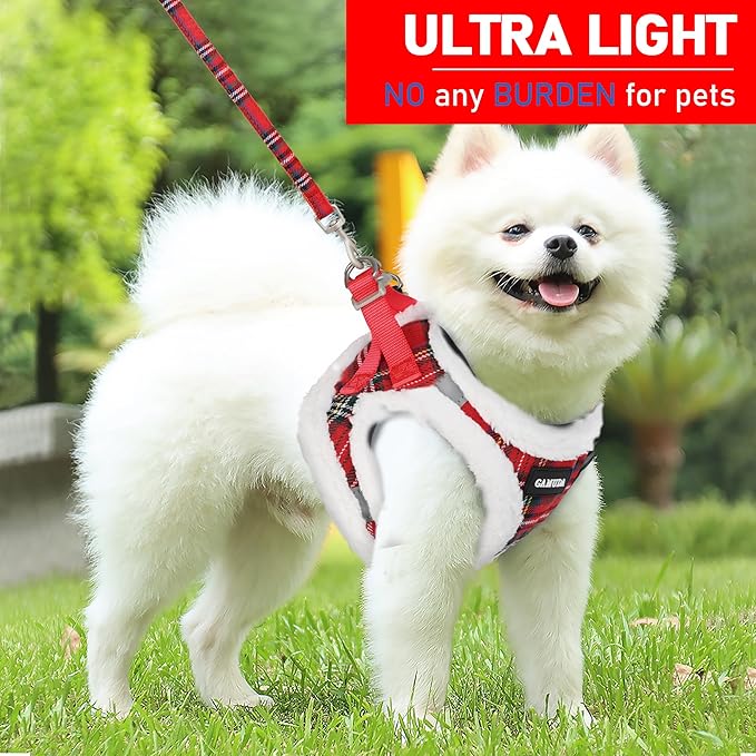GAMUDA Small Dog Harness Collar and Leash Set, Step in No Chock No Pull Soft Mesh Adjustable Dog Vest Harnesses Plaid Reflective for Dogs Puppy Cats Kitten Rabbit (Warm Red, M)