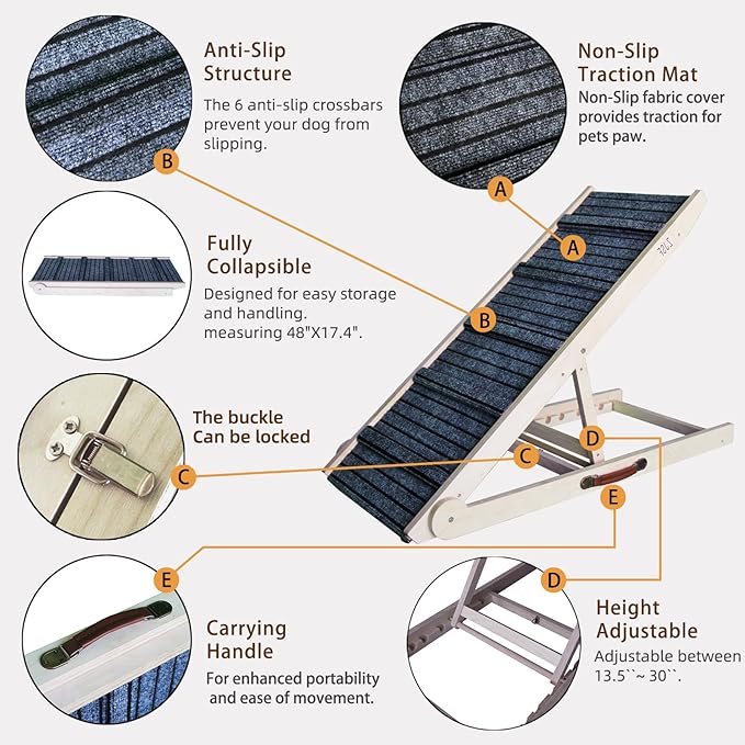 ZJSF Dog Ramp for Bed,Foldable Wooden Portable Non-Slip Dog Ramp for Couch,Small to Large Pet Ramp for Cars,Stairs with High Traction Mat,6 Adjustable Height from 13.5" to 30",Supports up to 230lbs