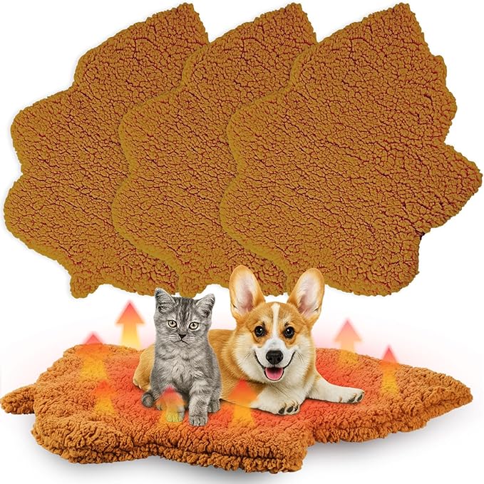 3 Pack Self Warming Cat Dog Bed Leaf Shape Self Heating Pet Mat Non Electric Washable Thermal Sleeping Pad Plush Heated Pet Mat for Crate Floor Indoor Outdoor(Orange,Large-19 x29)