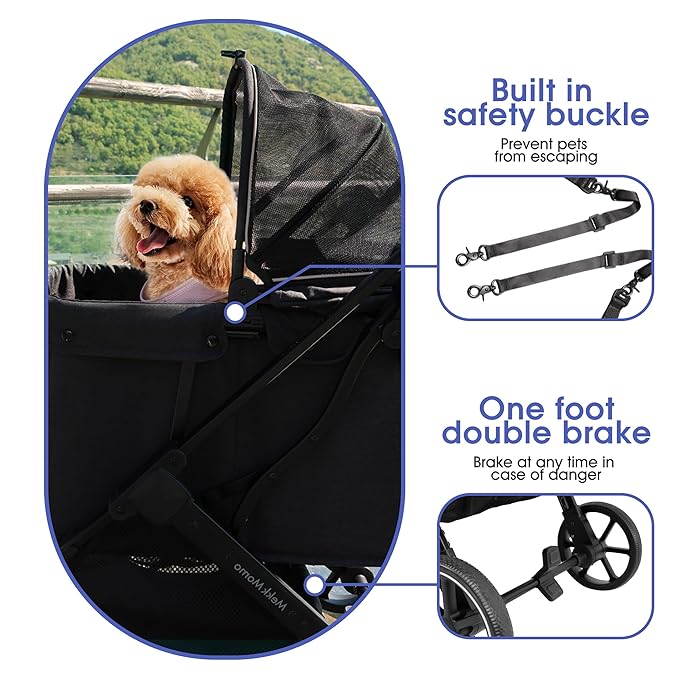 pet Stroller, Suitable for Small and Medium-Sized Dogs, Advanced Four-Wheel Suspension, Detachable Handbag, Lightweight Aluminum Frame, one Click Folding, Suitable for Outdoor Travel - Black