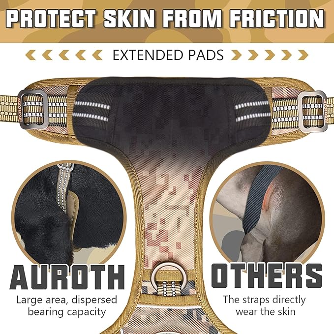Auroth Tactical Dog Harness for Large Dogs No Pull Adjustable Pet Harness Reflective K9 Working Training Easy Control Pet Vest Military Service Dog Harnesses Desert Camo XL