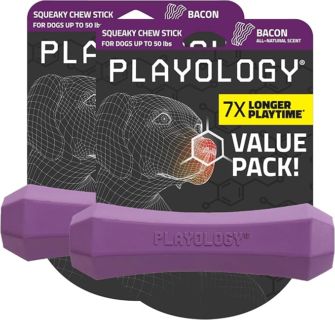 Playology Dog Toys | Durable Squeaky Chew Stick for Dogs | Medium Bacon Scented Toy - Easy to Clean and Made from Non Toxic Materials
