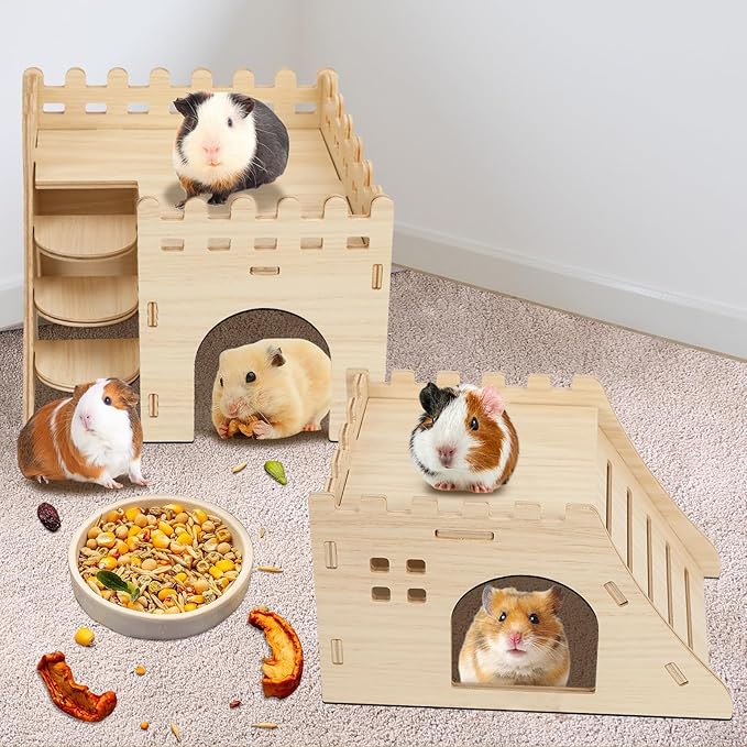 2 Pack Hamster Houses and Hideouts, Easy to Assemble Wooden Hamster Castle Small Animal House Bed with Stairs