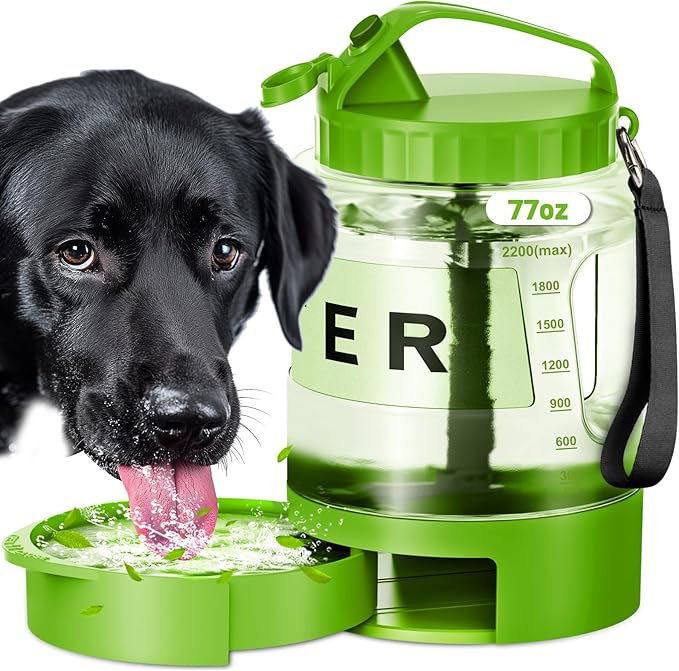 Dog Water Bottle Travel Bowl - 77oz Large Portable Dog Water Bowls Dispenser for Camping Essentials Hiking Traveling Beach Car Park Accessories, Leak Proof Pet Drinking Bottle Dispenser, Green