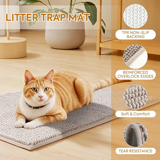 Pieviev Chenille Cat Litter Mat for Litter Box, 36"x30" Soft Ultra Absorbent Mat, Waterproof & Non-Slip, Easy to Clean Litter Trapping Mat for Indoor Cats, Gray