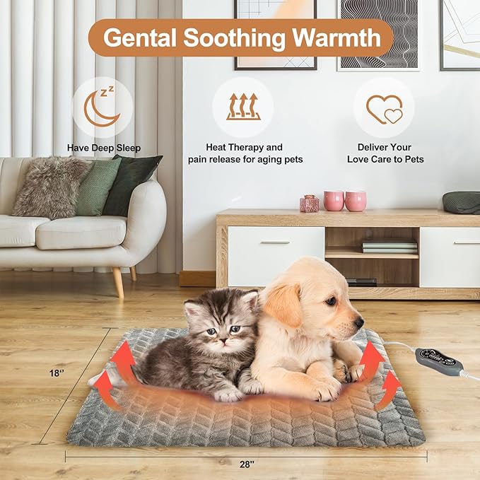 Pet Heating Pad for Dog Cat Temperature Adjustable Dog Cat Bed Warmer Pad with Timer Auto Off Heavy Duty Chew Resistant Cord Waterproof Warming Blanket Mat for Puppy Kitten (Grey, 18X28``)