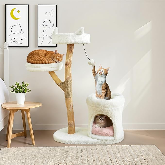 Real Wood Modern Cat Tower, Climbing Tower Cats Tree with Scratching Post and Ball, Cat Furniture with Flower Bed for 37.5" Tall, Branch Luxury Condo for Indoor Wood Cats Large Adult Tree, Warm White