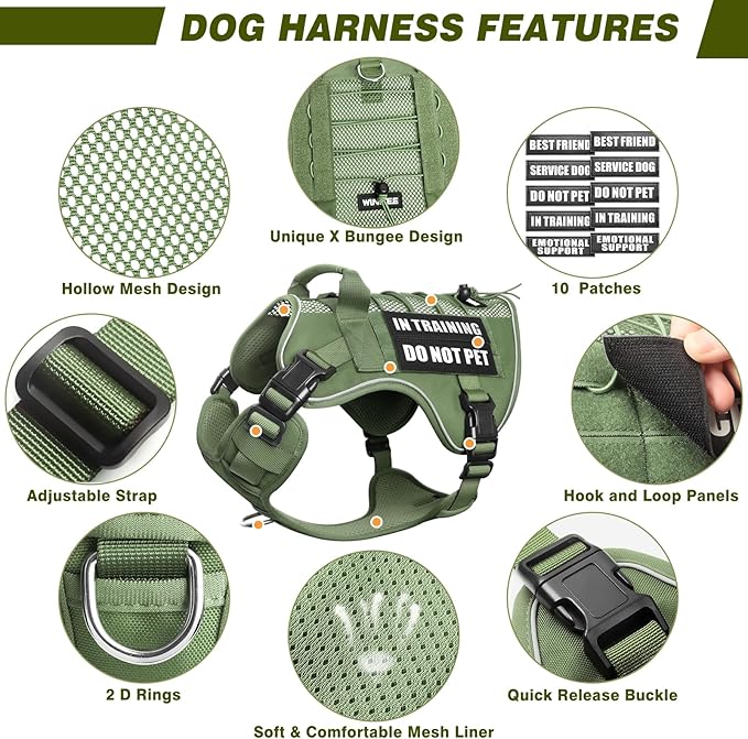 WINSEE Service Dog in Training Mesh Harness with 10 Pet Patches, Soft Air Mesh Breathable Tactical Dog Molle Vest, Reflective Military Pet Vest for Walking Hiking for Large Dogs