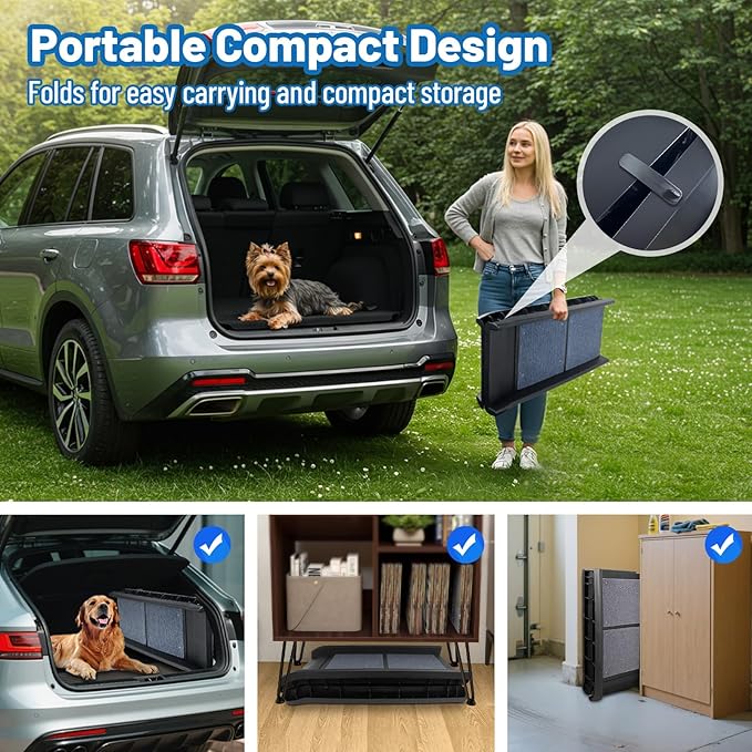 ROBLOCK Folding Dog Ramp for Car, Truck, SUV, Outdoor 61" L Anti-Slip Pet Ramp for Large Dogs, High Bed, Stairs, Couch, with Rug Surface, Raised Siderails, Easy Storage, Supports Up to 150 LBS