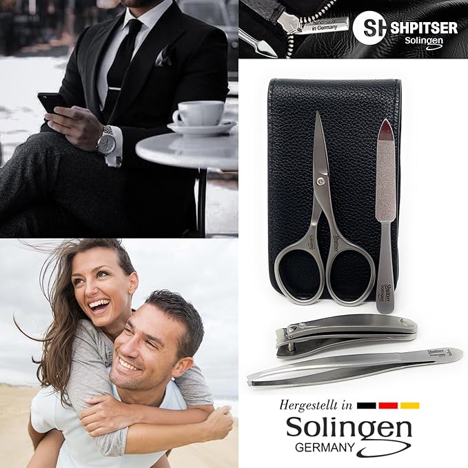 Shpitser Manicure and Pedicure Set of 4 Surgical Stainless Steel Instruments, Made in Solingen, Germany, Luxury Topinox Grooming Kit In Full Grain Nappa Leather Case (Black)