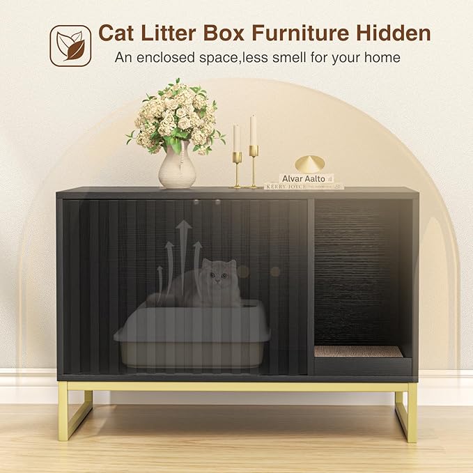 Litter Box Enclosure, Modern Cat Litter Box Furniture Hidden Litter Box with Scratch Pad, Cat Washroom House End Table, Entryway Bench for Livingroom (Black)