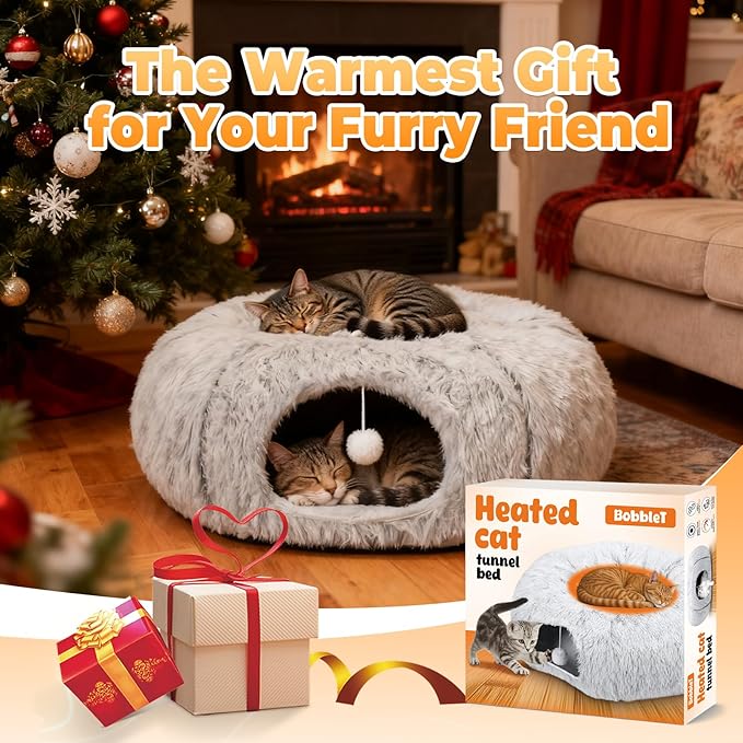 Heated Cat Bed Indoor – 31.5'' Cozy Warming Donut Cat Tunnel Bed with Timer & Temp Adjustable, Removable Waterproof Electric Heating pad, Play & Rest in One, Treat Your Kitty to Warmth & Fun