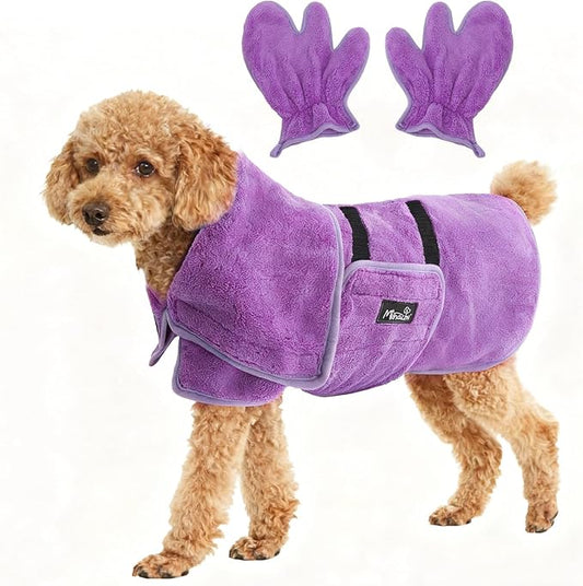 Mihachi Dog Bathrobe Towel Wrap Fast Drying with Drying Gloves Set, Super Absorbent Coral Fleece Dog Drying Coat Bath Robe for Puppy, Medium & Large Dogs, Adjustable Collar & Belly Strap, Purple M