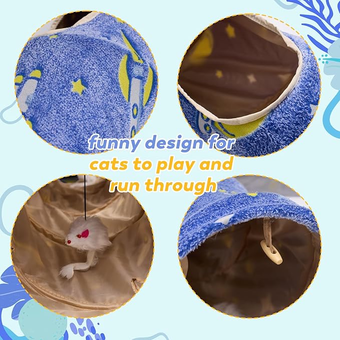 Glowing Astronaut Pattern Cat Tunnel - Collapsible with Plush Balls, Ideal for Indoor Cats, Rabbits, Kittens, Ferrets & Puppies (Blue)